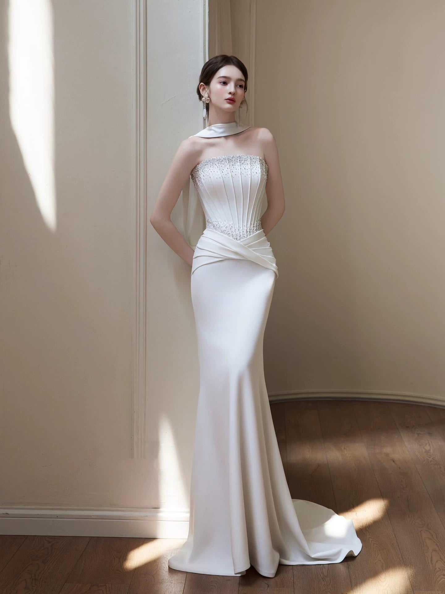 Modest Mermaid Strapless Satin White With Scarf Brides Gown Bridal Dress Long Wedding Dresses RB5219