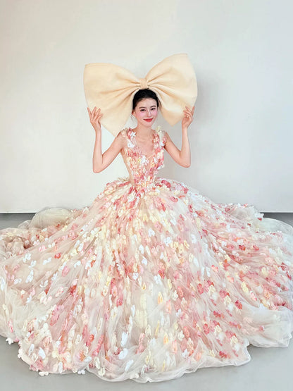 Sweet Prom Dress Ball Gown V Tulle Pink With Flowers Floor Length Quinceanera Dresses Party Formal Outfits RB5240