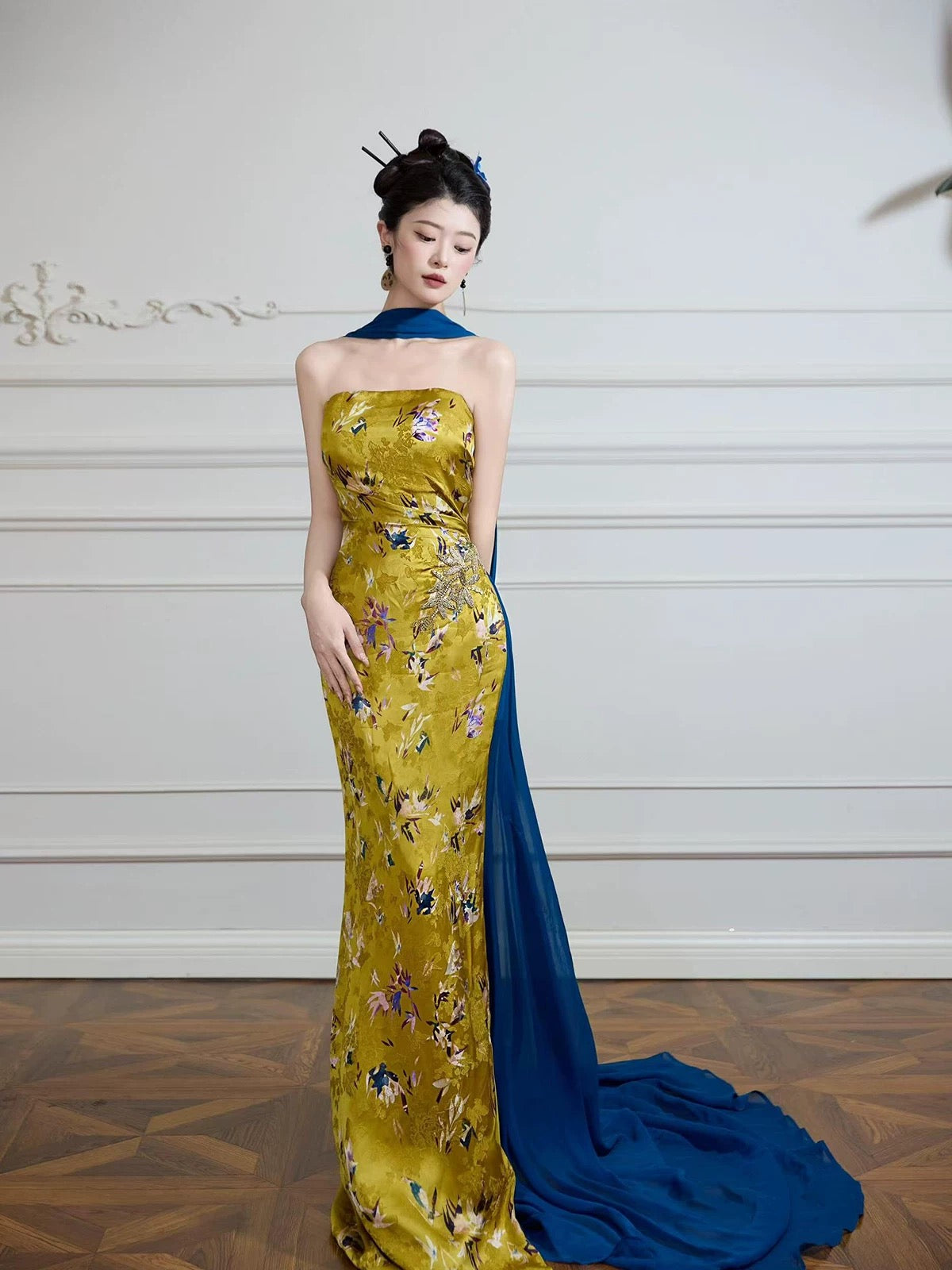 Pretty Women's Mermaid Strapless Gold Satin Maxi Dress Date Night Evening Outfit Semi Formal Prom Dresses RB5241