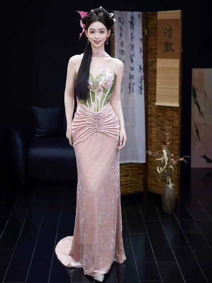 Pretty Women's Mermaid Spaghetti Strap Pink Velvet Maxi Dress Date Night Evening Outfit Semi Formal Prom Dresses RB5242