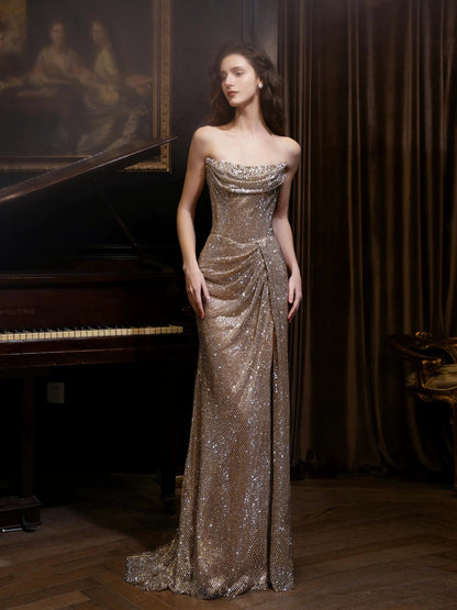 Glitter Women's Mermaid Strapless Champagne With Cape Sequin Maxi Dress Date Night Evening Outfit Formal Prom Dresses RB5244