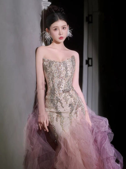 Glitter Women's Mermaid Strapless Pink With Silver Beading Maxi Dress Date Night Evening Outfit Formal Prom Dresses RB5245