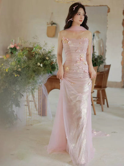 Eclectic Women's Mermaid Strapless Tulle Pink Maxi Dress Date Night Evening Outfits Formal Prom Dresses RB5247