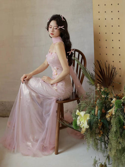 Eclectic Women's Mermaid Strapless Tulle Pink Maxi Dress Date Night Evening Outfits Formal Prom Dresses RB5247