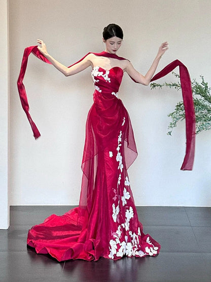 Eclectic Women's Mermaid Sweetheart Red With White Lace Maxi Dress Date Night Evening Outfits Formal Prom Dresses RB5252