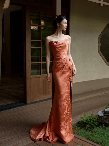 Modest Mermaid Strapless Rust Red Satin Long Evening Dresses Ideas Evening Outfits RB5185
