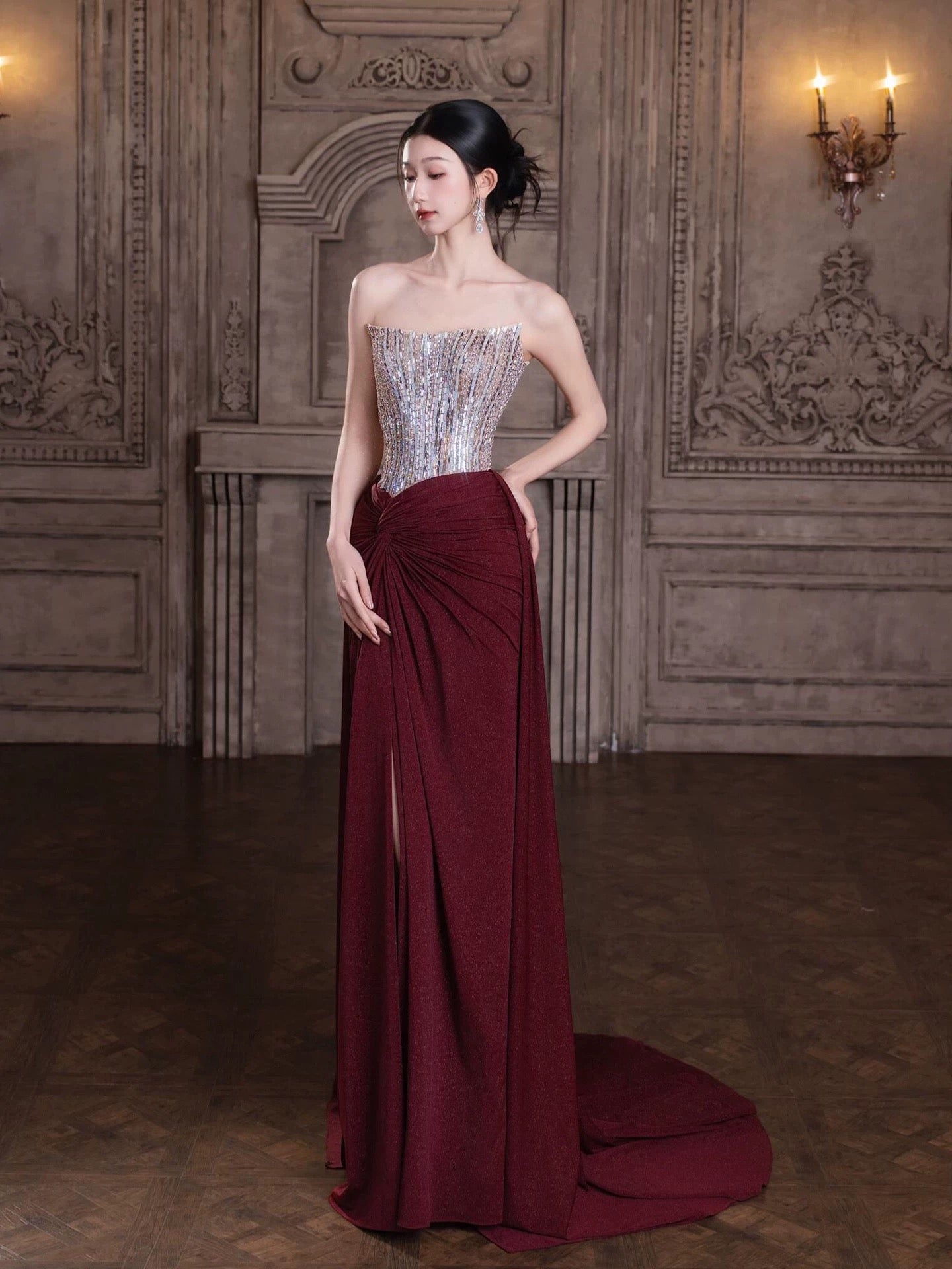 Modest Mermaid Strapless Burgundy Sleeveless With Split Long Evening Dresses Ideas Evening Outfits RB5186