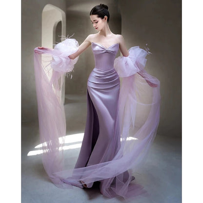 Flamboyant Women's Mermaid Sweetheart Lilac With Scarf Maxi Dress Date Night Evening Outfit Formal Prom Dresses RB5256