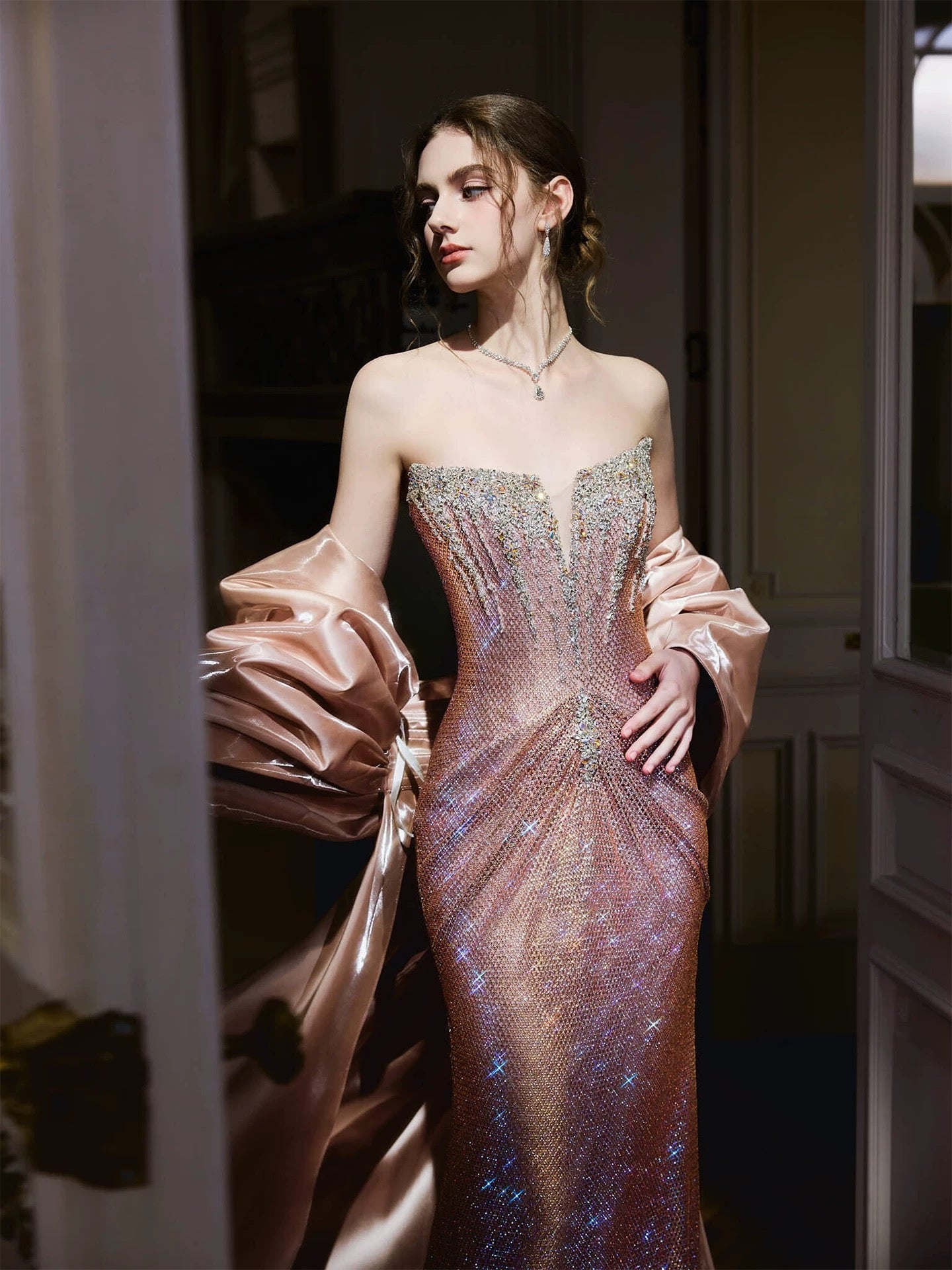 Sparkly Mermaid Strapless Pink Sequin With Cape Long Prom Evening Dresses Inspo Evening Outfits RB5187