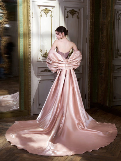 Sparkly Mermaid Strapless Pink Sequin With Cape Long Prom Evening Dresses Inspo Evening Outfits RB5187