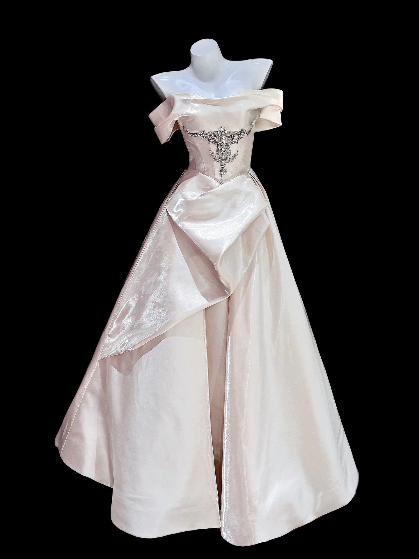 Modest Ball Gown Off The Shoulder Pink Satin Long Date Night Evening Outfit Formal Prom Dresses RB5304