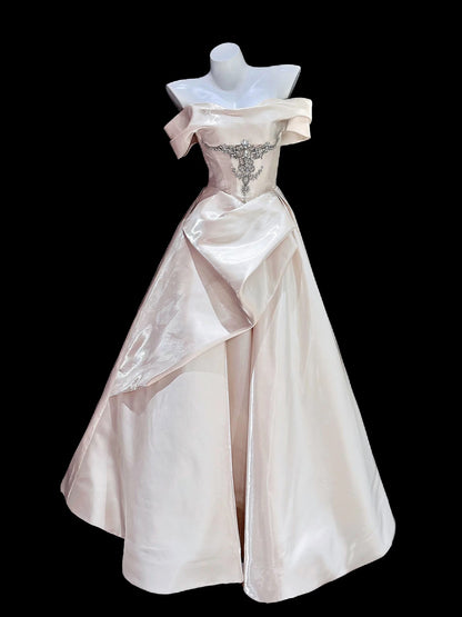 Modest Ball Gown Off The Shoulder Pink Satin Long Date Night Evening Outfit Formal Prom Dresses RB5304