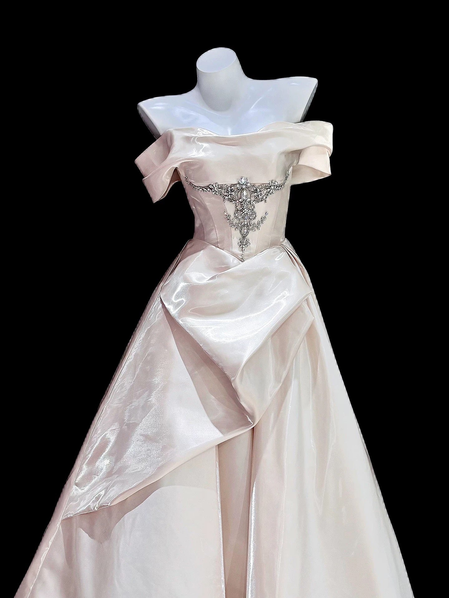 Modest Ball Gown Off The Shoulder Pink Satin Long Date Night Evening Outfit Formal Prom Dresses RB5304