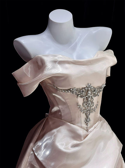 Modest Ball Gown Off The Shoulder Pink Satin Long Date Night Evening Outfit Formal Prom Dresses RB5304