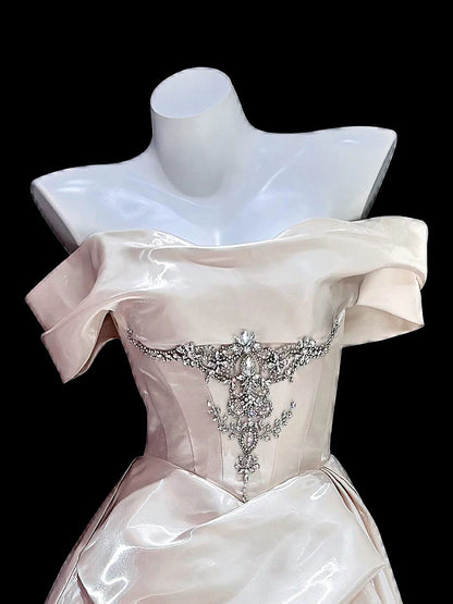 Modest Ball Gown Off The Shoulder Pink Satin Long Date Night Evening Outfit Formal Prom Dresses RB5304