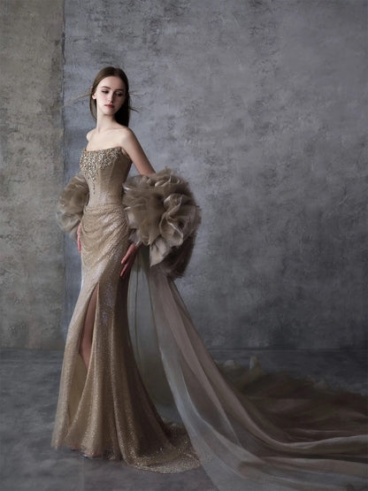 Sparkly Mermaid Strapless Gold Sequin With Beading Cape Date Night Outfits Semi Formal Prom Gown Evening Dresses RB5312
