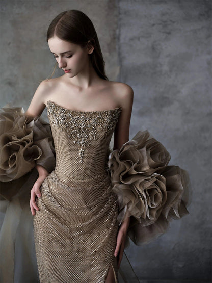 Sparkly Mermaid Strapless Gold Sequin With Beading Cape Date Night Outfits Semi Formal Prom Gown Evening Dresses RB5312