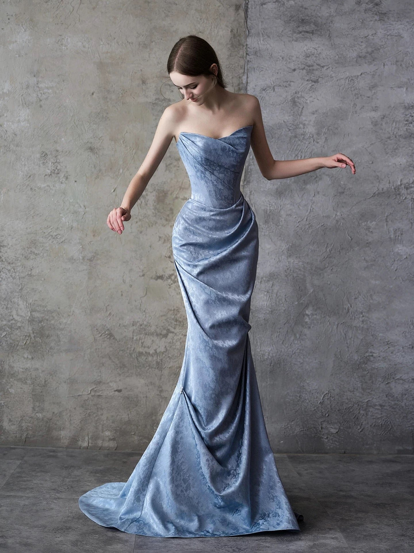 Sparkly Mermaid Sweetheart Blue Satin Long Date Night Evening Outfit Formal Prom Dresses RB5305