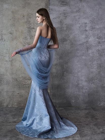 Sparkly Mermaid Sweetheart Blue Satin Long Date Night Evening Outfit Formal Prom Dresses RB5305