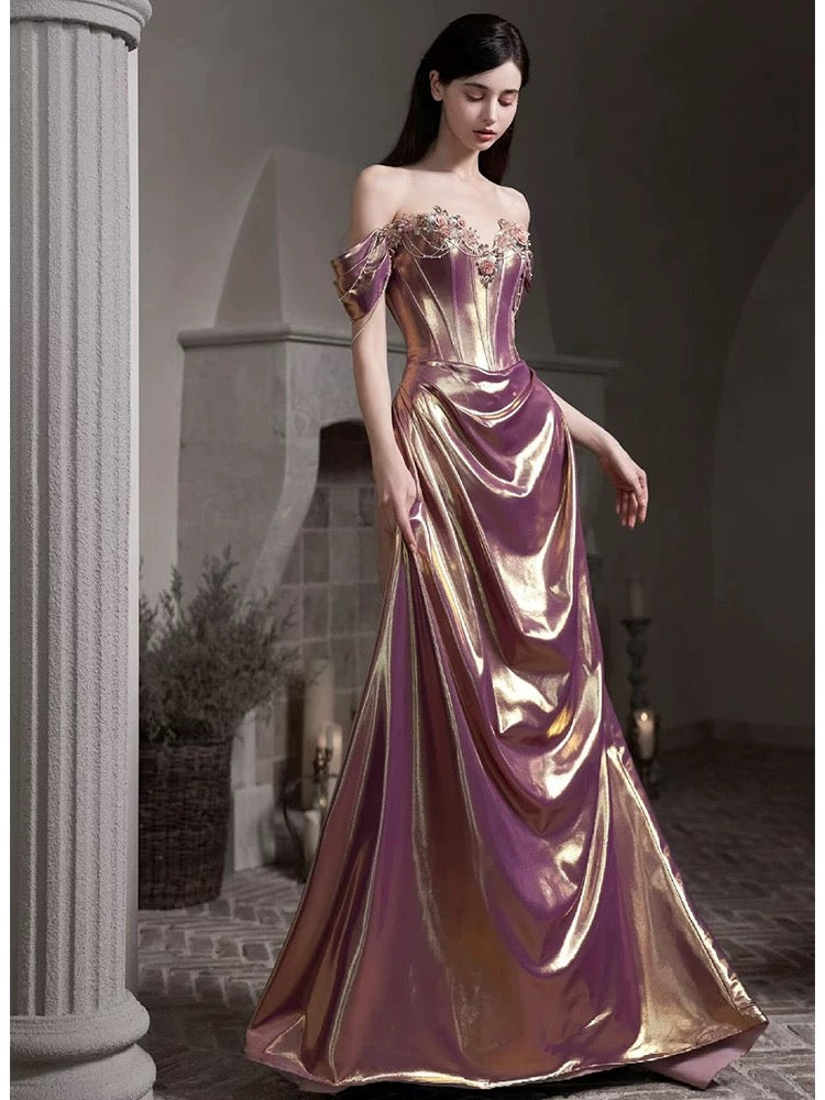 Modest Mermaid Off The Shoulder Pink Satin With Beaded Long Date Night Evening Outfit Formal Prom Dresses RB5308