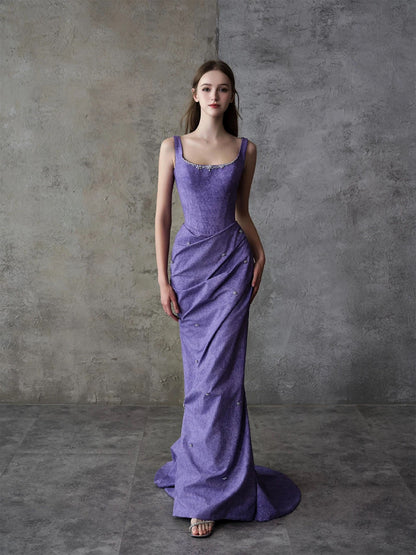 Sparkly Mermaid Square Neck Grape Satin Long Date Night Evening Outfit Formal Prom Dresses RB5306