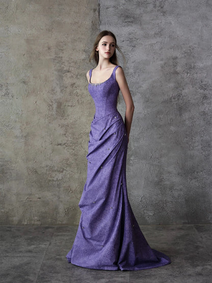 Sparkly Mermaid Square Neck Grape Satin Long Date Night Evening Outfit Formal Prom Dresses RB5306