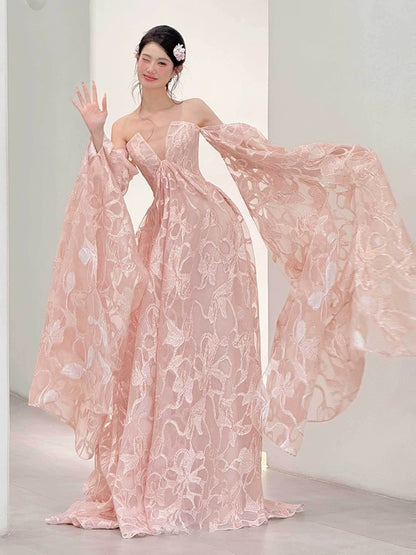 Modest A Line Off The Shoulder Pink Lace With Long Sleeves Date Night Evening Outfit Formal Prom Dresses RB5313