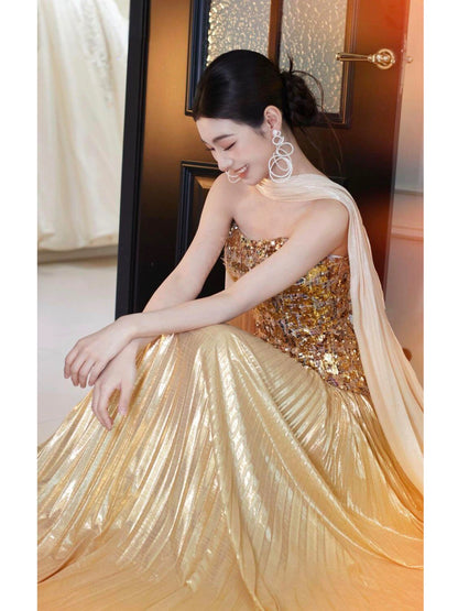 Modest A Line Sweetheart Gold Sequined With Scarf Date Night Evening Outfit Formal Prom Dresses RB5316