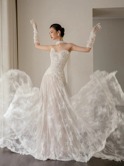 Modest A Line Sweetehart With Scarf Gloves White Lace Brides Gown Bridal Dress Long Wedding Dresses RB5317