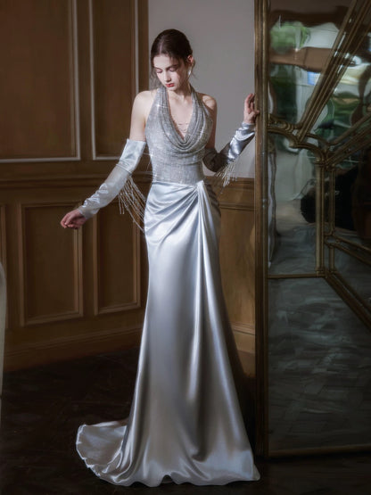 Sparkly Mermaid Halter Silver Gray Sequin With Gloves Date Night Outfits Semi Formal Prom Gown Evening Dresses RB5361