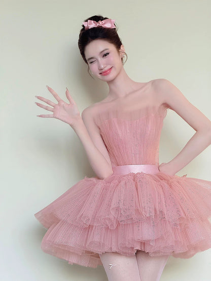 Pretty Ball Gown Strapless Pink Tulle Mini Short Cocktail Homecoming Dresses Ideas Hoco Outfits RB5258