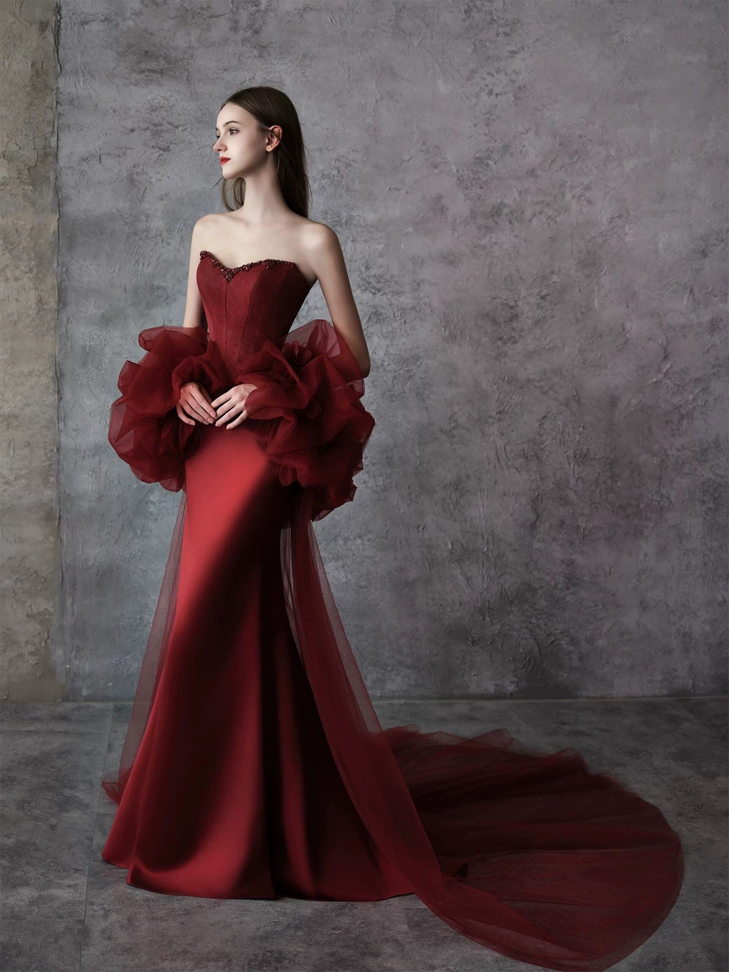 Modest Mermaid Sweetheart Burgundy Satin With Cape Date Night Evening Outfit Formal Prom Dresses RB5320