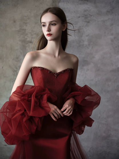 Modest Mermaid Sweetheart Burgundy Satin With Cape Date Night Evening Outfit Formal Prom Dresses RB5320