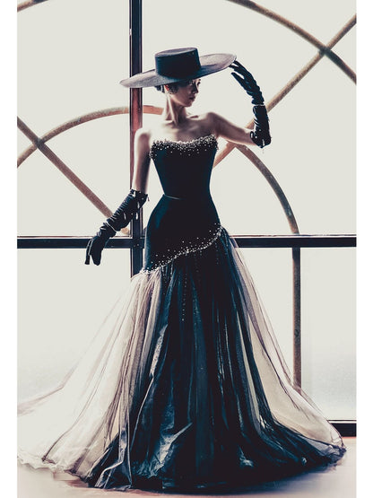 Modest Mermaid Strapless Black Tie Dress Velvet With Gloves Date Night Evening Outfit Formal Prom Dresses RB5321