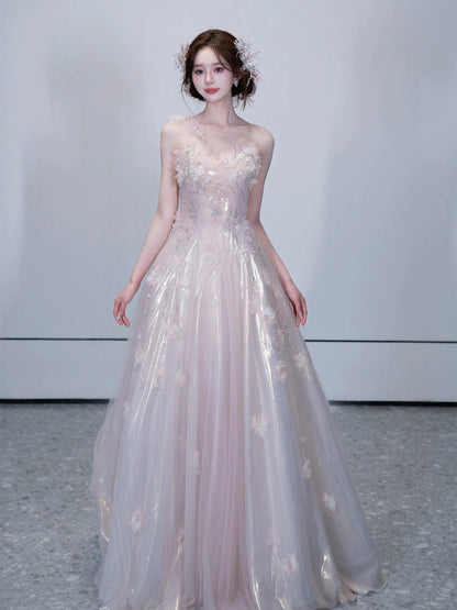 Beautiful A line One Shoulder Pink With Flowers Date Night Outfits Semi Formal Prom Gown Evening Dresses RB5322