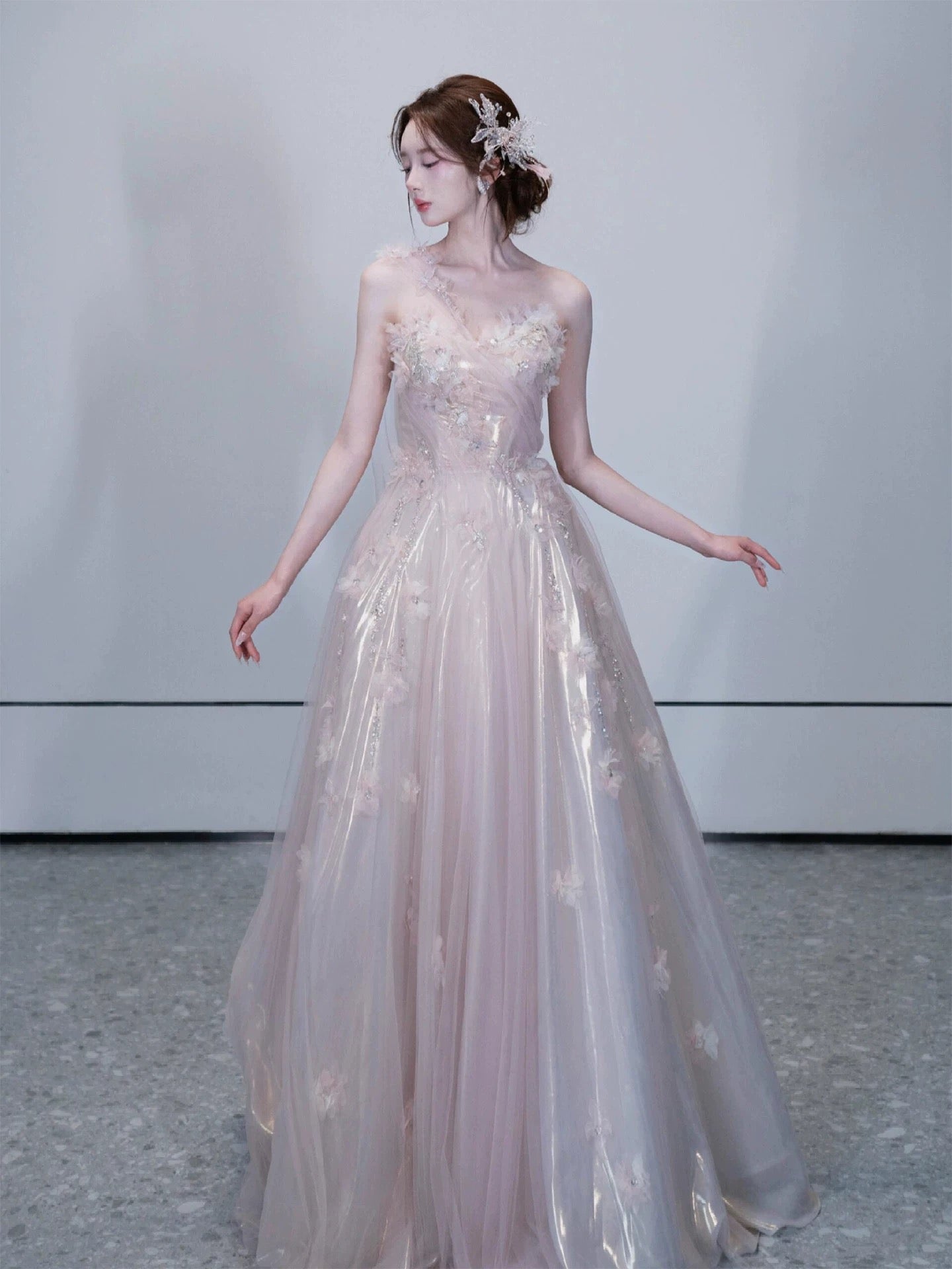 Beautiful A line One Shoulder Pink With Flowers Date Night Outfits Semi Formal Prom Gown Evening Dresses RB5322