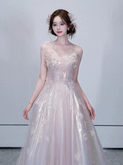 Beautiful A line One Shoulder Pink With Flowers Date Night Outfits Semi Formal Prom Gown Evening Dresses RB5322
