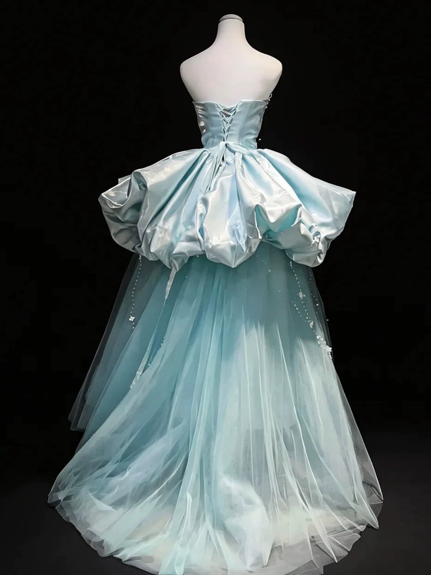 Beautiful Ball Gown Strapless Blue Satin Date Night Outfits Semi Formal Prom Gown Evening Dresses RB5325