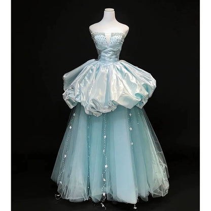 Beautiful Ball Gown Strapless Blue Satin Date Night Outfits Semi Formal Prom Gown Evening Dresses RB5325