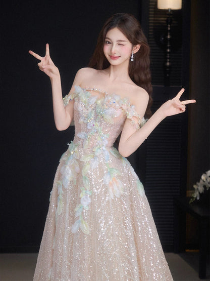 Sparkly A Line Off The Shoulder Pink Sequin Date Night Outfits Semi Formal Prom Gown Evening Dresses RB5542
