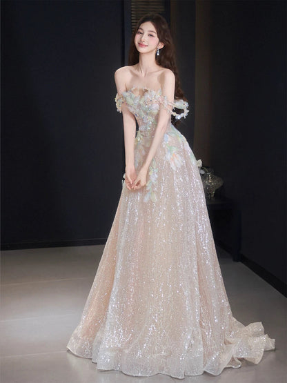 Sparkly A Line Off The Shoulder Pink Sequin Date Night Outfits Semi Formal Prom Gown Evening Dresses RB5542