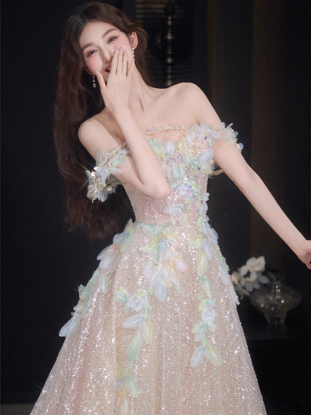 Sparkly A Line Off The Shoulder Pink Sequin Date Night Outfits Semi Formal Prom Gown Evening Dresses RB5542