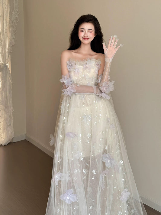 Sweet A Line Strapless White Tulle Date Night Outfits Semi Formal Prom Gown Evening Dresses RB5566