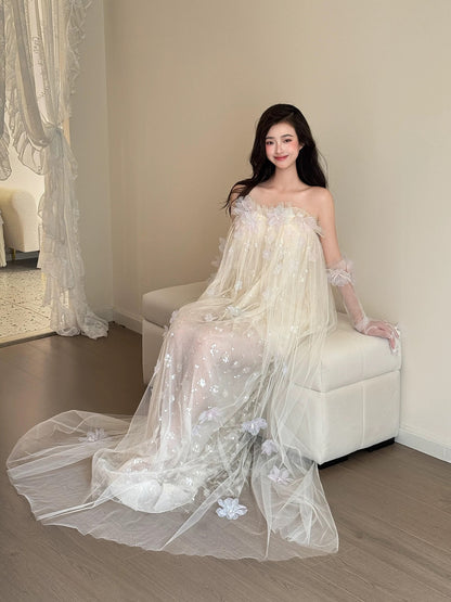Sweet A Line Strapless White Tulle Date Night Outfits Semi Formal Prom Gown Evening Dresses RB5566