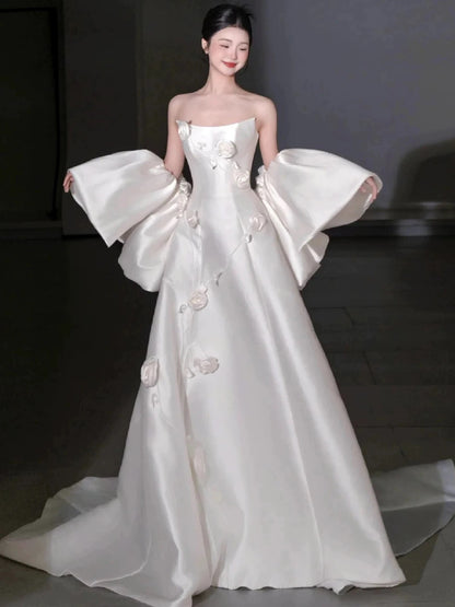 Modest A Line Strapless With Cape White Satin Brides Gown Bridal Dress Long Wedding Dresses RB5329
