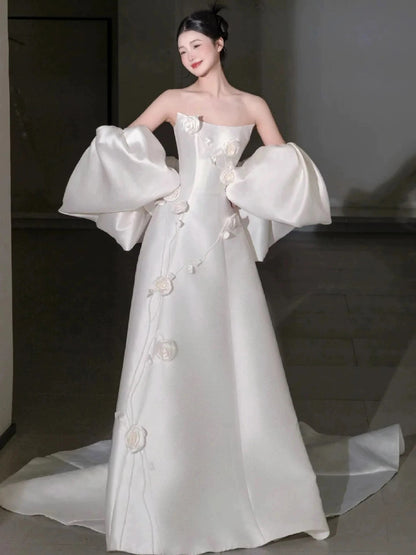 Timeless A Line Strapless Satin White With Cape Floor Length Brides Gown Bridal Dress Wedding Dresses RB5567