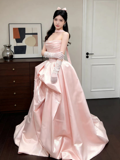 Elegant Ball Gown Strapless Pink With Pearls Date Night Outfits Semi Formal Prom Gown Evening Dresses RB5568