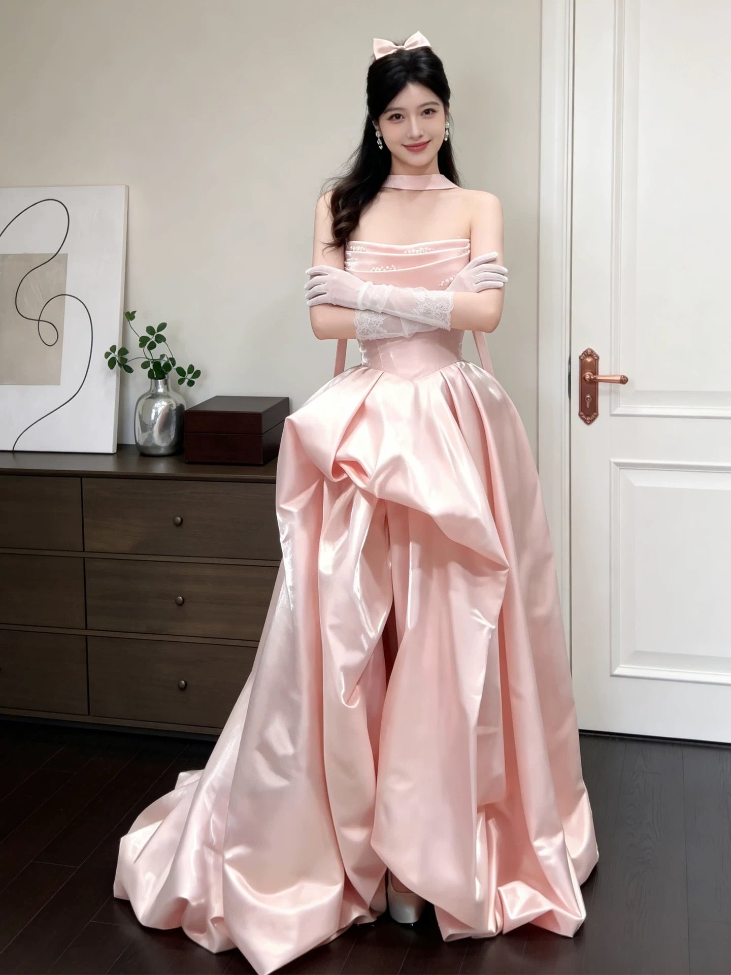 Elegant Ball Gown Strapless Pink With Pearls Date Night Outfits Semi Formal Prom Gown Evening Dresses RB5568
