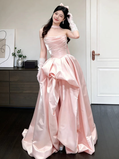 Elegant Ball Gown Strapless Pink With Pearls Date Night Outfits Semi Formal Prom Gown Evening Dresses RB5568