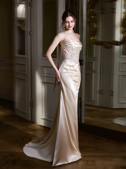 Beautiful Mermaid Strapless Champagne Satin Date Night Outfits Semi Formal Prom Gown Evening Dresses RB5334